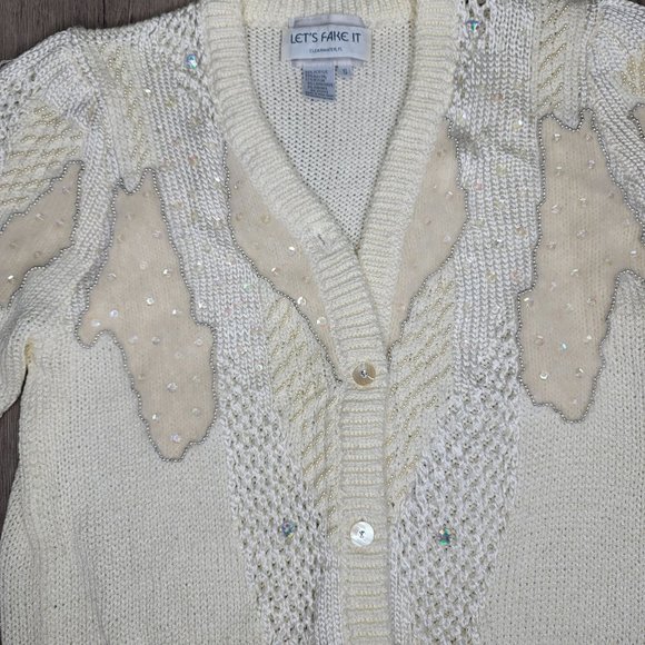 vintage 90s beaded sequin angora lambswool blend chunky knit cardigan sweater S - Picture 5 of 9